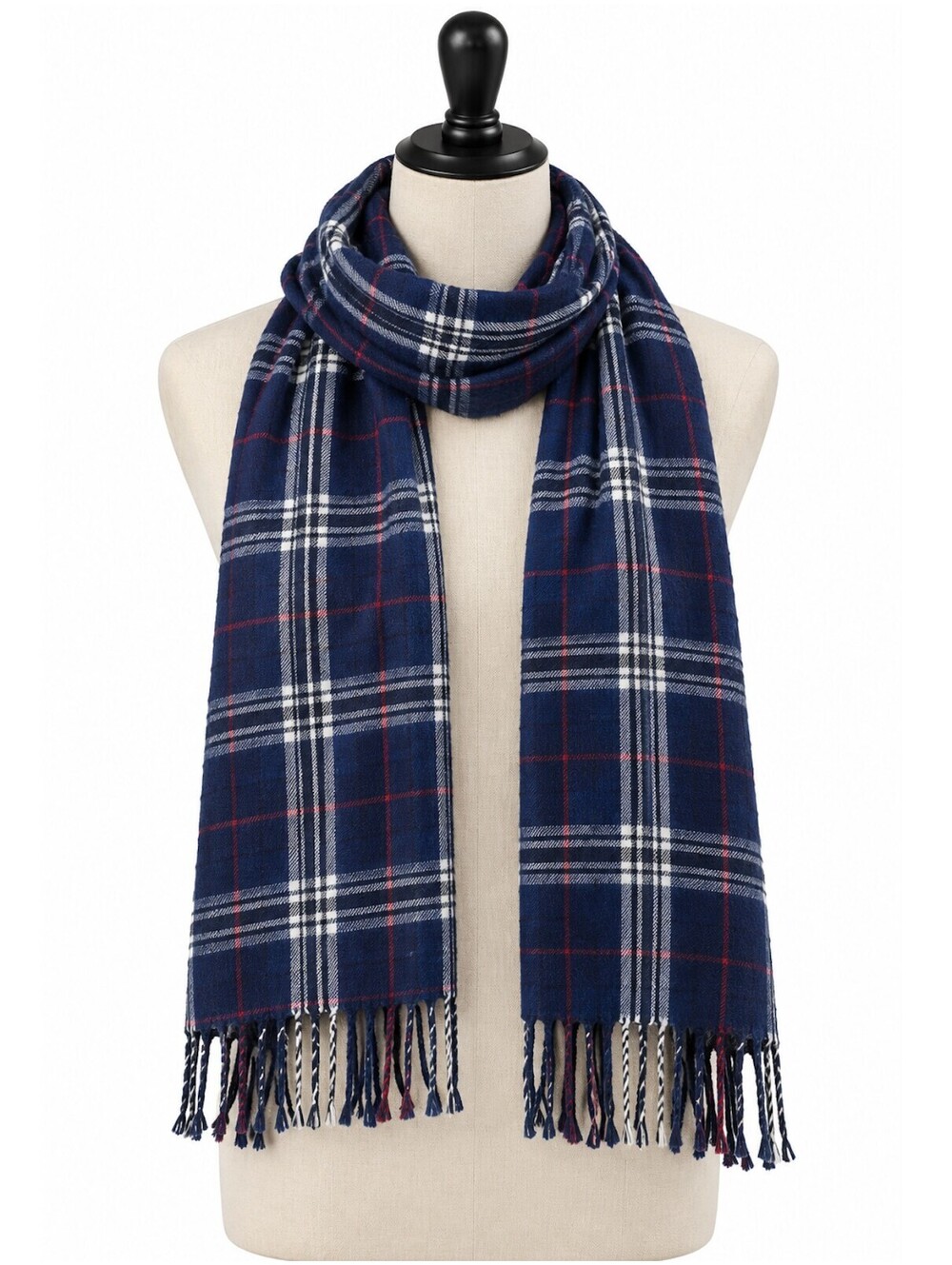 Liberty Plaid Scarf Navy Blue Red White Tartan Fringe 70x20 Made in Taiwan